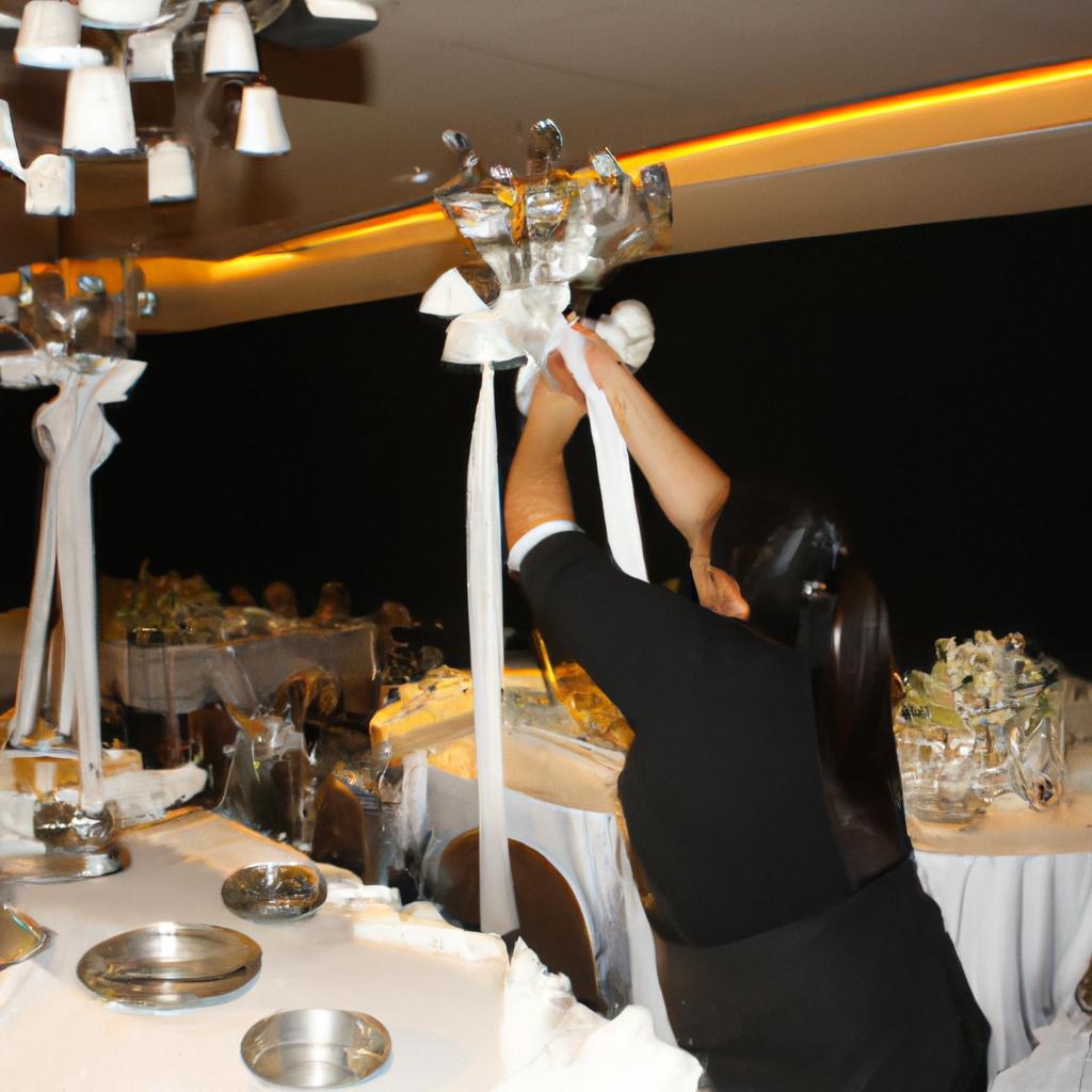Person setting up banquet decorations