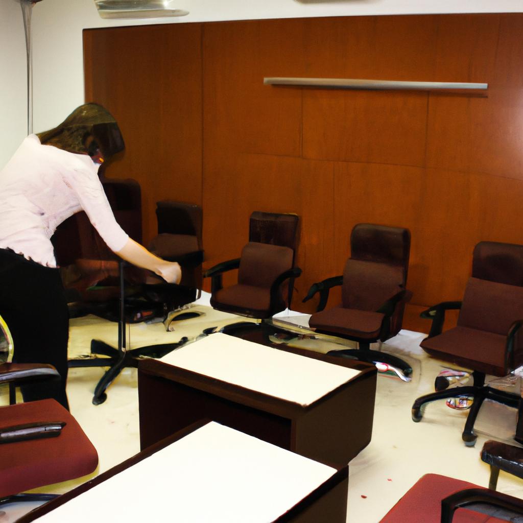 Person arranging furniture in conference room